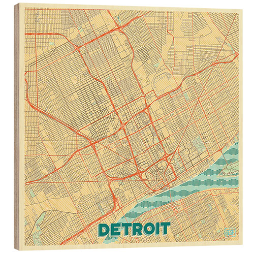 Wood print Detroit Map Retro