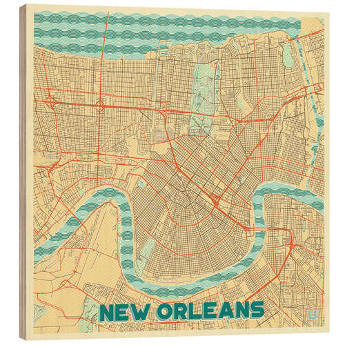 Wood print New Orleans Map Retro