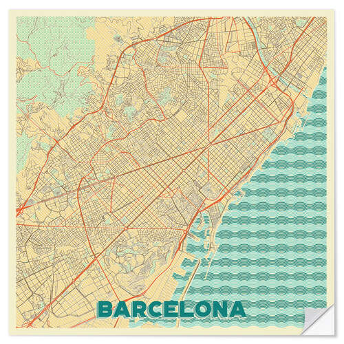 Selvklebende plakat Barcelona Map Retro