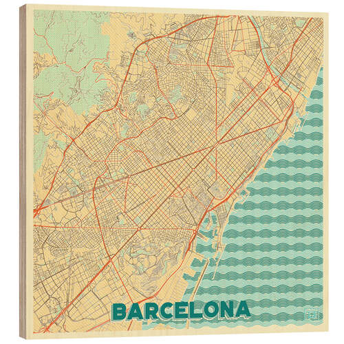 Wood print Barcelona Map Retro