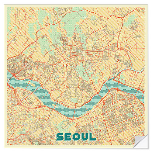 Selvklebende plakat Seoul Map Retro