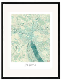 Gerahmter Kunstdruck Karte von Zürich, Blau