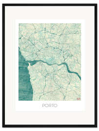 Gerahmter Kunstdruck Karte von Porto, Blau