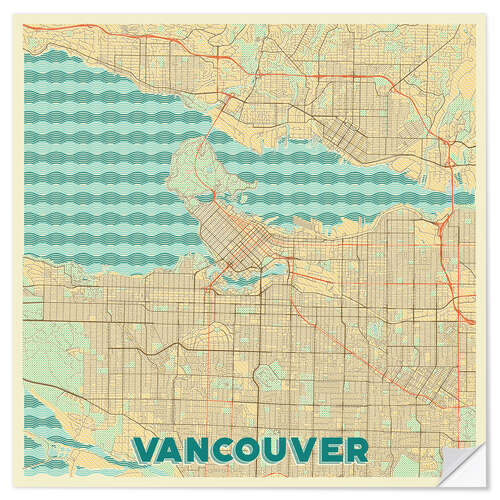 Wandsticker Karte von Vancouver, Retro