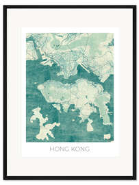Gerahmter Kunstdruck Karte von Hong Kong, Blau