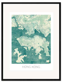 Inramat konsttryck Hong Kong Map Blue