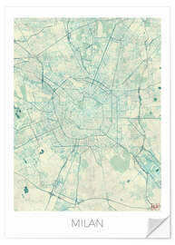 Selvklebende plakat Milan Map Blue