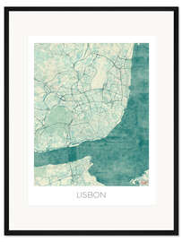 Gerahmter Kunstdruck Karte von Lissabon, Blau