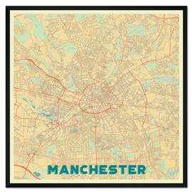 Gerahmter Kunstdruck Karte von Manchester, Retro