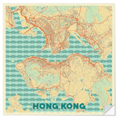 Wandsticker Karte von Hong Kong, Retro