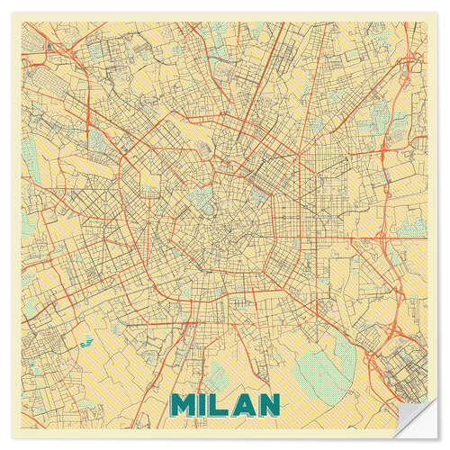 Selvklebende plakat Milan Map Retro