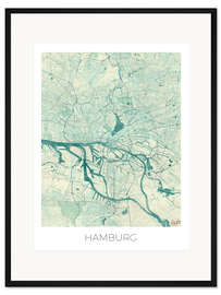 Gerahmter Kunstdruck Karte von Hamburg, Blau