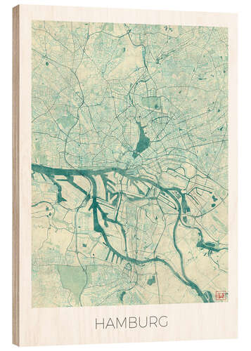 Wood print Hamburg, Germany map blue