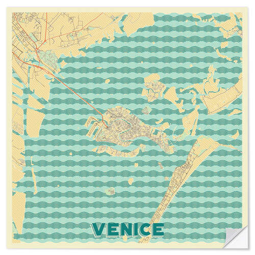 Selvklebende plakat Venice, Italy Map Retro