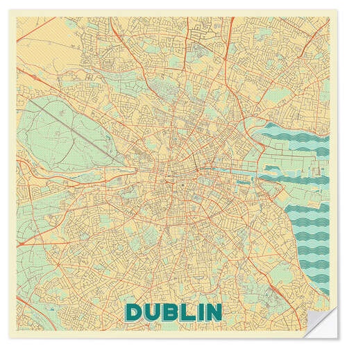 Muursticker Dublin, Ireland Map Retro