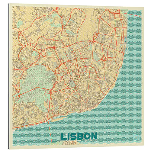 Aluminium print Lisbon, Portugal Map Retro