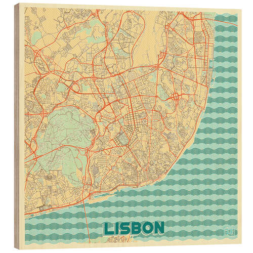 Wood print Lisbon, Portugal Map Retro