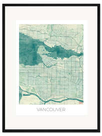 Gerahmter Kunstdruck Karte von Vancouver, Blau