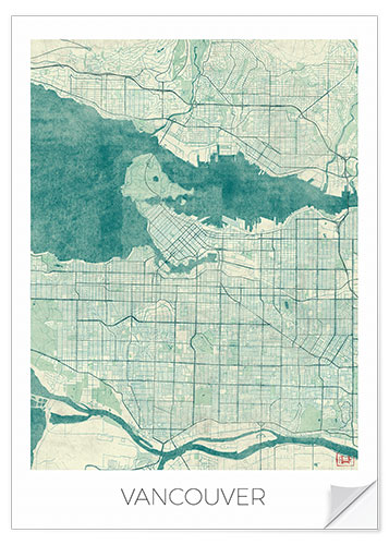 Selvklæbende plakat Vancouver, Canada Map Blue