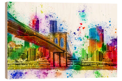 Wood print New York with Brooklyn Bridge