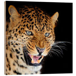 Wood print snarling leopard