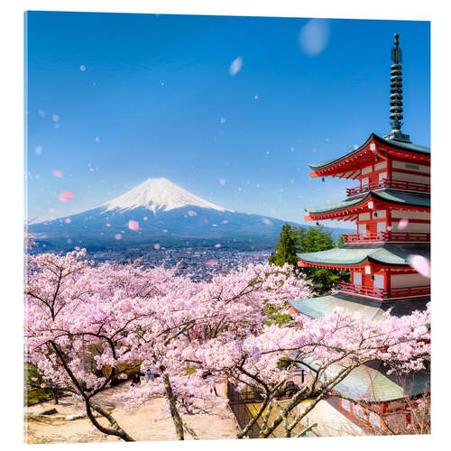 Acrylglasbild Chureito Pagode und Berg Fuji im Frühling, Fujiyoshida II