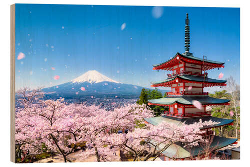 Hout print Chureito Pagoda and Mount Fuji in spring, Fujiyoshida I