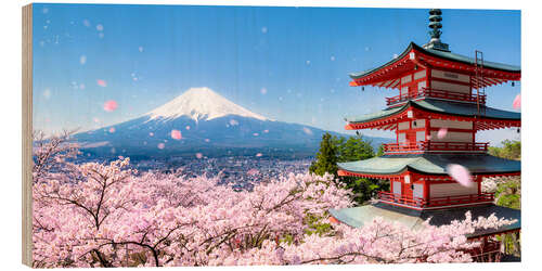 Wood print Chureito pagoda with Mount Fuji in Fujiyoshida, Japan