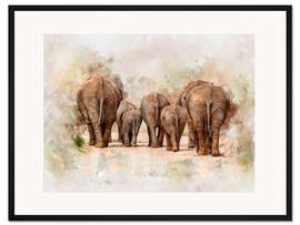 Gerahmter Kunstdruck Elefanten in der Savanne in Afrika