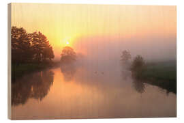 Holzbild Sonnenaufgang, Nebel und Bäume