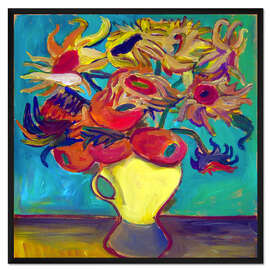 Gerahmter Kunstdruck Sonnenblumen vor Türkis