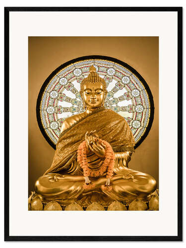 Gerahmter Kunstdruck Buddha-Statue und Rad des Lebens