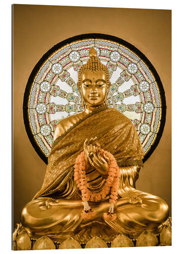 Galleritryk Buddha statue and Wheel of life background