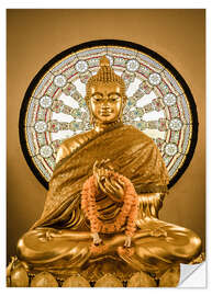 Selvklebende plakat Buddha statue and Wheel of life background