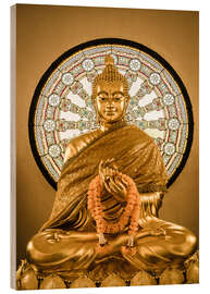Stampa su legno  Statua del Buddha e sfondo con Ruota della vita