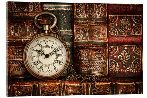 Quadro em acrílico Clock in front of books