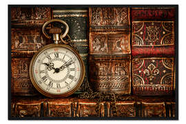 Gerahmter Kunstdruck Uhr vor Büchern