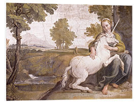 Foam board print Young woman with a white unicorn in her arms