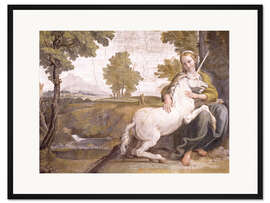 Gerahmter Kunstdruck Junge Frau mit einem weißen Einhorn in ihren Armen