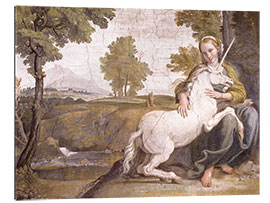 Gallery print Young woman with a white unicorn in her arms