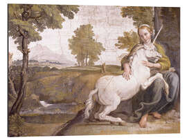 Magnettafel Junge Frau mit einem weißen Einhorn in ihren Armen