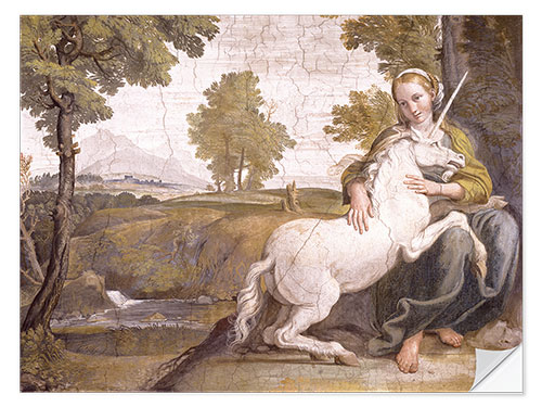 Autocolante decorativo Young woman with a white unicorn in her arms