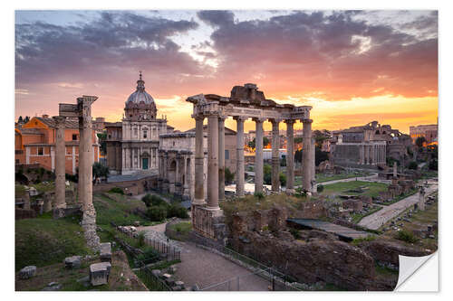 Selvklebende plakat Dramatic sunrise at the Roman Forum in Rome, Italy