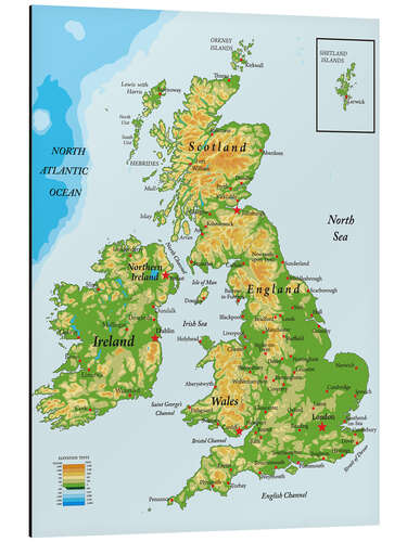 Stampa su alluminio Cartina topografica dell'Inghilterra (inglese)