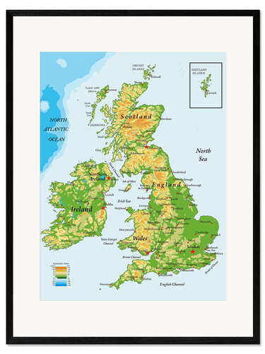 Ingelijste kunstdruk Topografische kaart van Groot-Brittannië en Ierland (Engels)