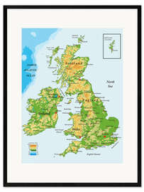 Innrammet kunsttrykk Topografisk kart over Det forente kongerike Storbritannia og Nord-Irland