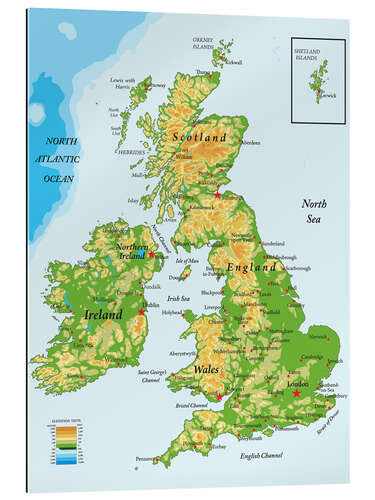 Gallery print Topografische kaart van Groot-Brittannië en Ierland (Engels)