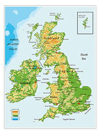 Plakat  Topografisk kort over Det Forenede Kongerige Storbritannien og Nordirland