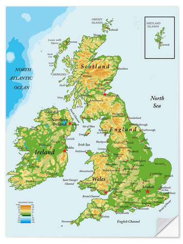 Naklejka na ścianę Topography Map of Great Britain and Ireland