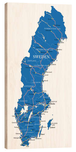 Wood print Sweden Political Map